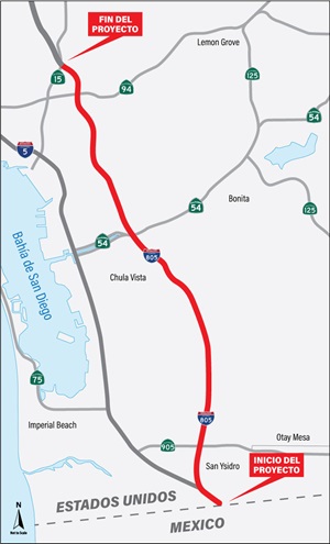 Mapa que muestra los lámites del proyecto. Para más información, llame al (619) 688-6670 o escriba a CT.Public.Information.D11@dot.ca.gov 