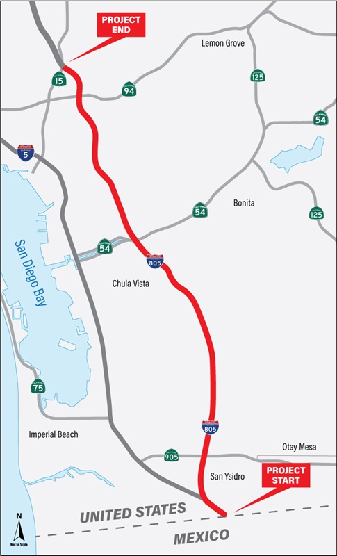 This map shows the limits of the project. For more information, call (619) 688-6670 or email CT.Public.Information.D11@dot.ca.gov