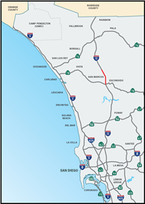 Location of the I-15 Pavement Replacement Project Map. For more information; call (619) 688-6670 or email CT.Public.Information.D11@dot.ca.gov