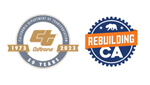 Two circular side-by-side color logos. At left; Caltrans' blue-gray and gold 50th Anniversary logo with "The California Department of Transportation" in the arc above and "50 Years" in the arc below. The Caltrans "CT" logo in gold is in the center of the blue-gray circle and flanked by gold ribbons on either side that read "1973" on the left and "2023' on the right. The logo on the right is for Rebuilding California; which looks like a navy blue gear layered with an orange sash on top that has "Rebuilding" in white over it. "CA" is reversed out of the navy blue below that in white and at the top is a California golden bear; flanked by two stars; also reversed out of the navy blue in white;